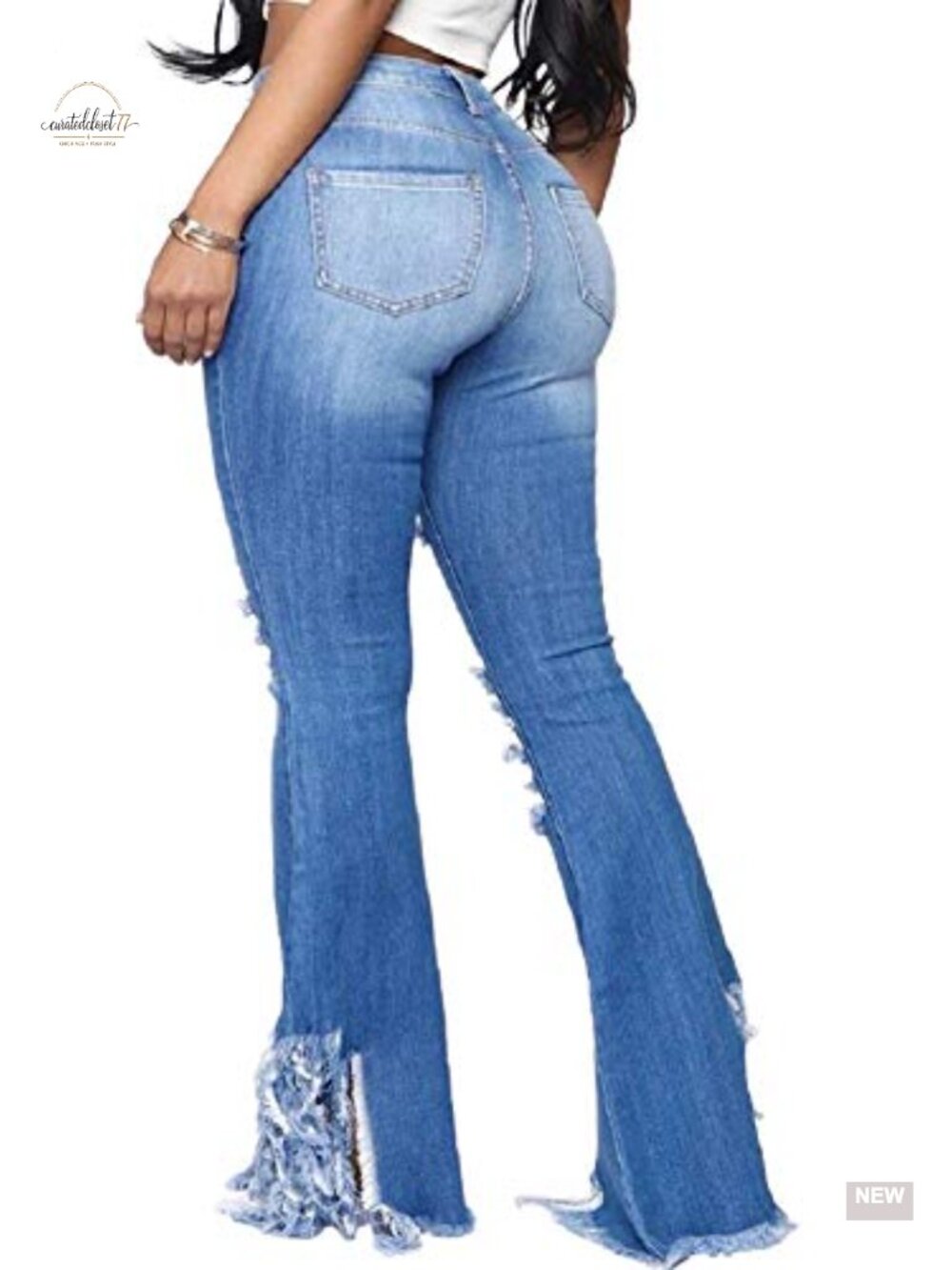High Waisted Bell Bottom Flare Jeans Raw Hem Stretch Denim Wide Leg - Picture 3 of 4